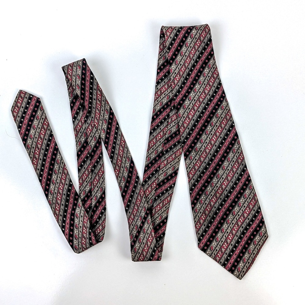 Vintage Ted Lapidus Paris Silk Tie Striped Floral Micro Print Black Burgundy